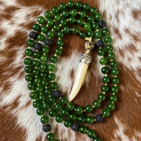 Jade with Lava Beads and bone charm Necklace - Picture 12 of 13